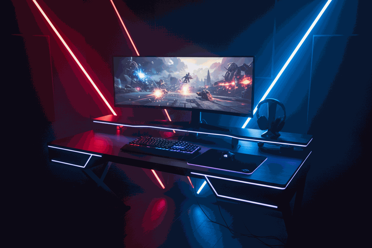 Modern gaming desk with ergonomic design and RGB lighting