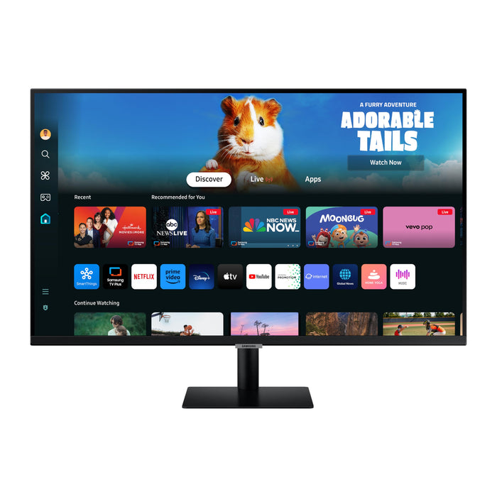 The SAMSUNG 32-Inch M5 (M50D) Series FHD Smart Monitor offers a comprehensive suite of features, including integrated streaming TV speakers, HDR10 support, a Gaming Hub, and multiple connectivity ports. Additionally, it incorporates a workout tracker and