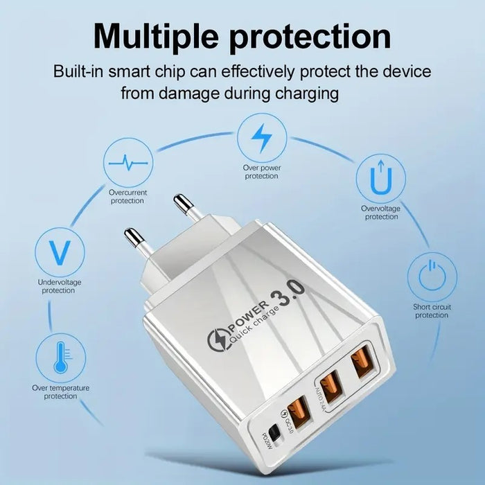 3-Port USB + USB-C PD Travel Charger