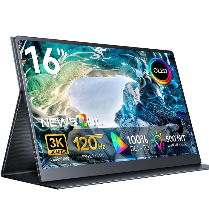 Newsoul OLED Portable Monitor 16" 3K 2880x1800 | 120Hz | 1ms Portable Gaming Monitor 500 Nits | 100000:1 Contrast | 100% DCI-P3 | 8-Bit+FRC| Ultra-Slim Design for Laptop Mini PC Phone Game Consoles