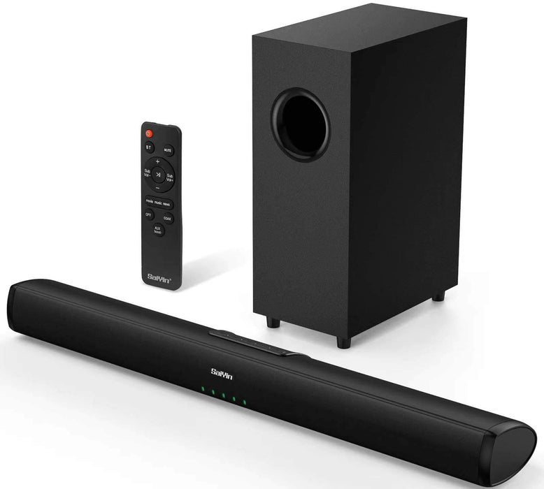 Saiyin Sound Bar: Ultra-Slim 17-inch, 2.1 Channel TV Speakers with Subwoofer, Featuring Optical/Coaxial/Bluetooth/AUX Connectivity and Wall-Mount Capability.
