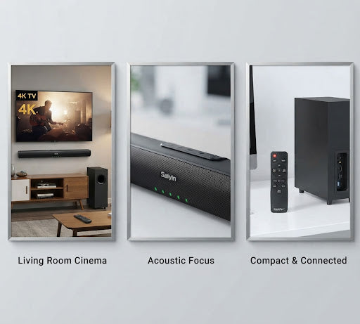 Saiyin Sound Bar: Ultra-Slim 17-inch, 2.1 Channel TV Speakers with Subwoofer, Featuring Optical/Coaxial/Bluetooth/AUX Connectivity and Wall-Mount Capability.